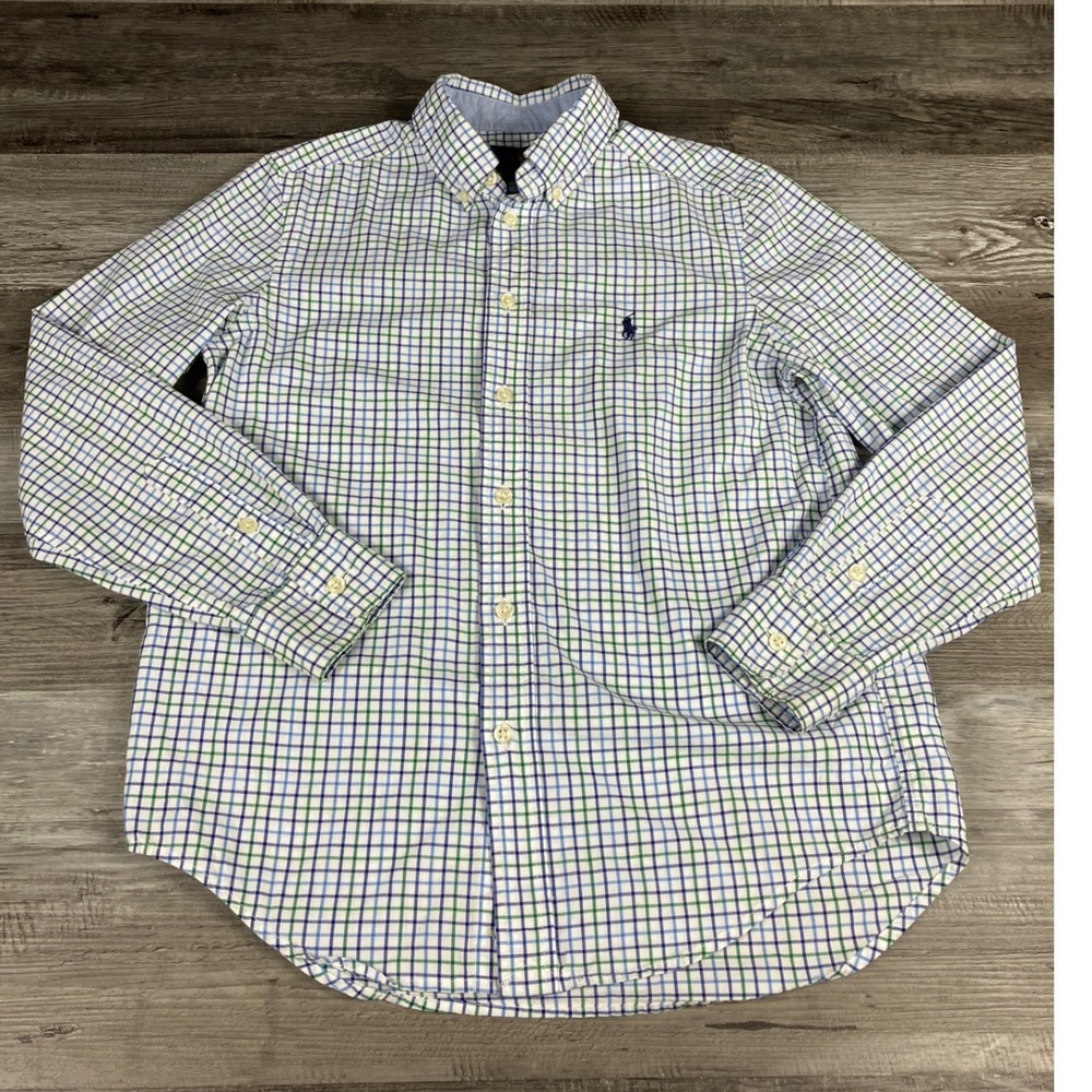 Ralph Lauren Boys M 10-12 Button Down Shirt Green Blue Check Natural Stretch